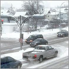 Cars driving in the snow in winter