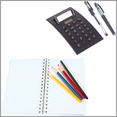 Stifte, Taschenrechner, Notizblock